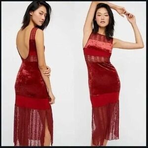 Free People Dress Womens Small NWT Keep In Line Midi Rouge Red Lace Velvet